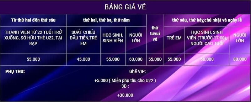 Bảng giá vé rạp chiếu phim CGV Vincom Phú Yên