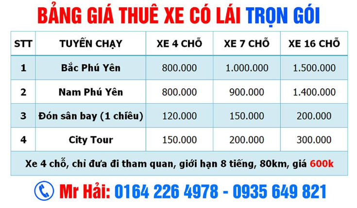 Bảng giá thuê xe Phú Yên